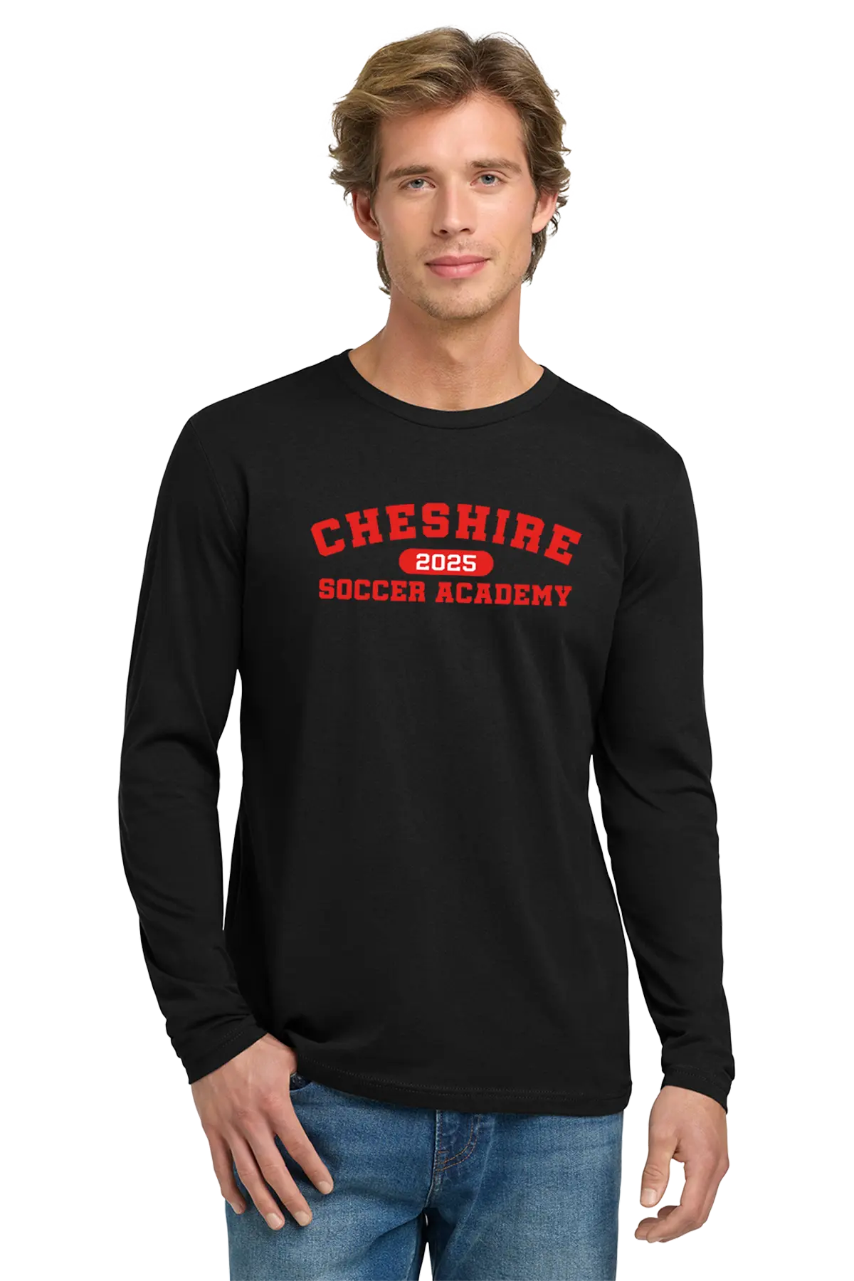 Man wearing a black long-sleeve shirt with 'Cheshire Soccer Academy' text on a white background. Paper Street Print Co, Blairstown, NJ.