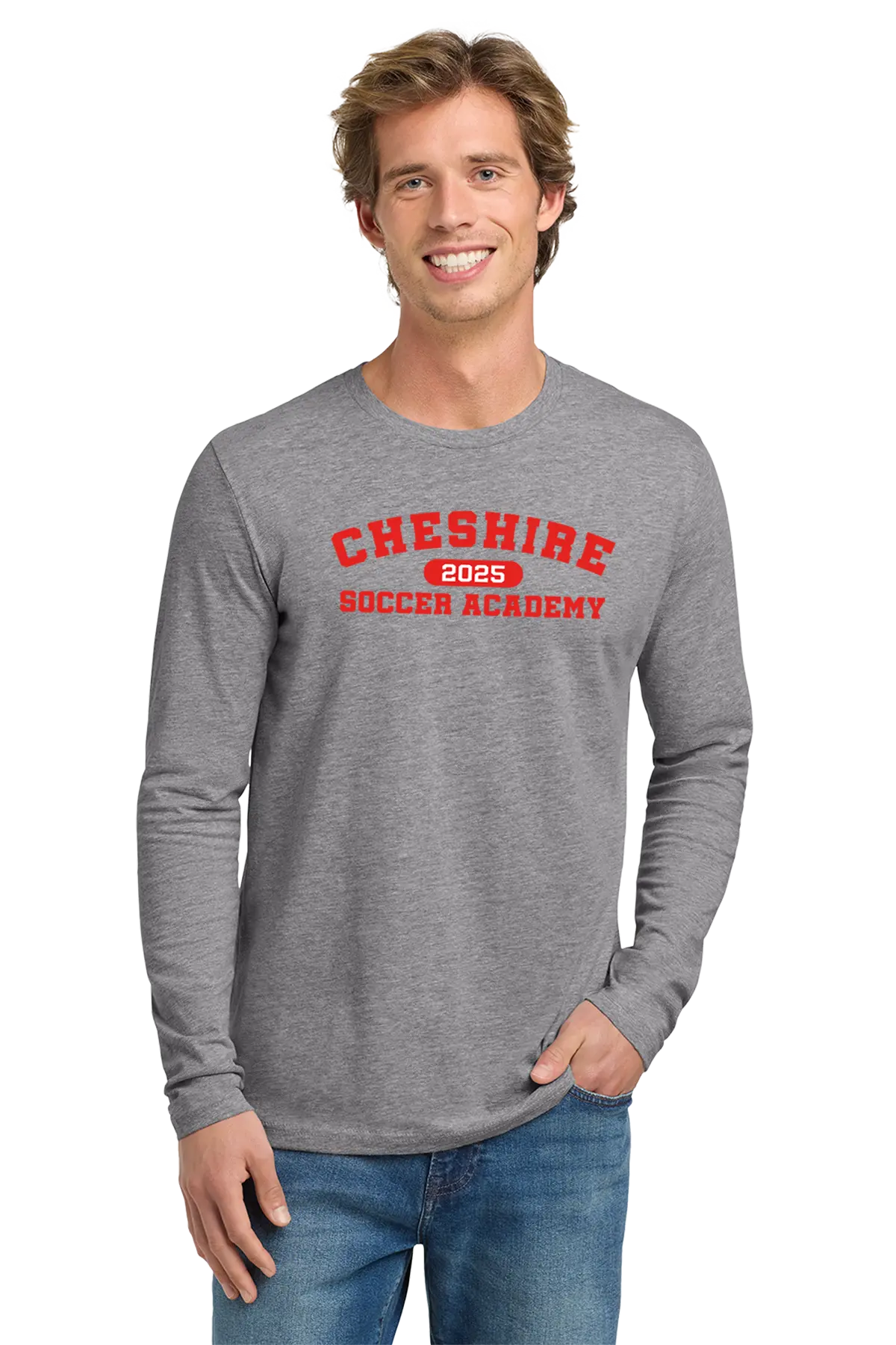 Man wearing a gray long-sleeve shirt with red text 'Cheshire Soccer Academy 2023' on a white background. Paper Street Print Co, Blairstown, NJ.