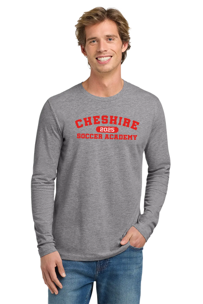 Man wearing a gray long-sleeve shirt with red text 'Cheshire Soccer Academy 2023' on a white background. Paper Street Print Co, Blairstown, NJ.