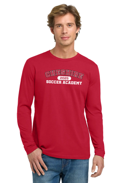 Man wearing a red long-sleeve shirt with 'Cheshire Soccer Academy 2025' text on a white background. Paper Street Print Co, Blairstown, NJ.