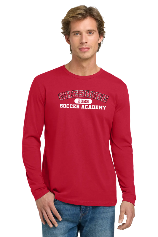 Man wearing a red long-sleeve shirt with 'Cheshire Soccer Academy 2025' text on a white background. Paper Street Print Co, Blairstown, NJ.