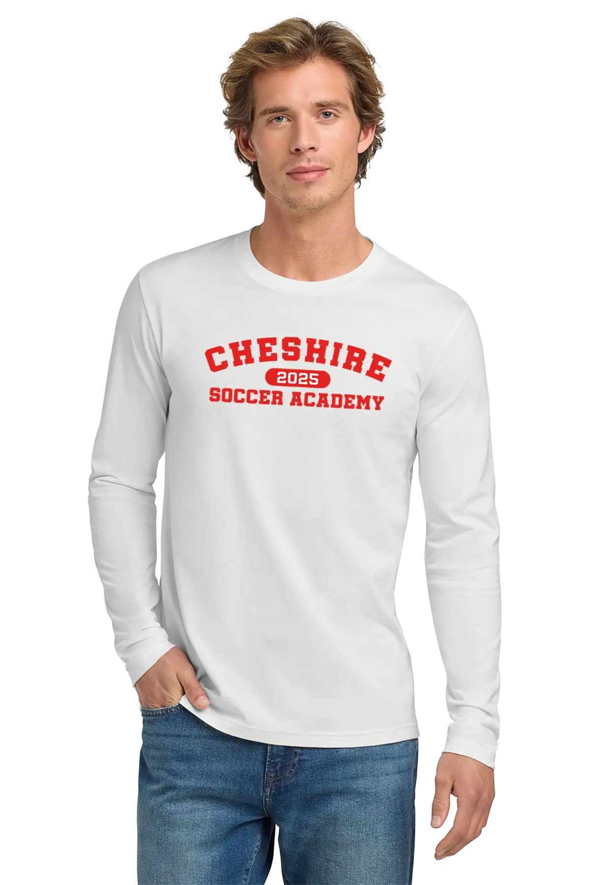 Man wearing a white long-sleeve shirt with red text 'Cheshire 2025 Soccer Academy' on a white background. Paper Street Print Co, Blairstown, NJ.