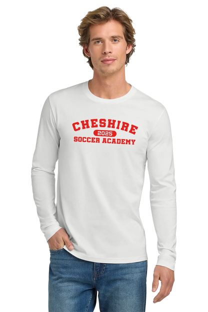 Man wearing a white long-sleeve shirt with red text 'Cheshire 2025 Soccer Academy' on a white background. Paper Street Print Co, Blairstown, NJ.