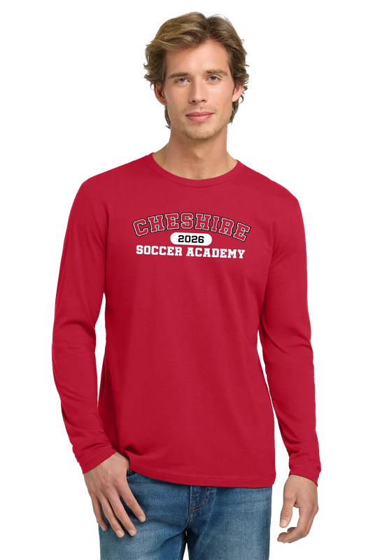 Man wearing a red long-sleeve shirt with 'Cheshire 2020 Soccer Academy' text on a white background. Paper Street Print Co, Blairstown, NJ.