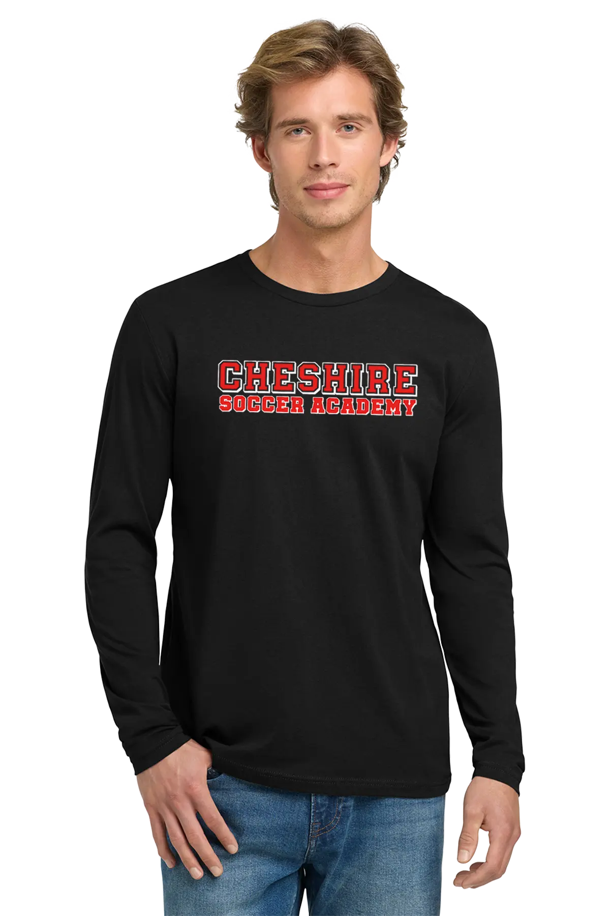 Man wearing a black long-sleeve shirt with 'Cheshire Soccer Academy' text on a white background Paper Street Print Co, Blairstown, NJ.