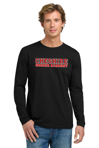 Man wearing a black long-sleeve shirt with 'Cheshire Soccer Academy' text on a white background Paper Street Print Co, Blairstown, NJ.