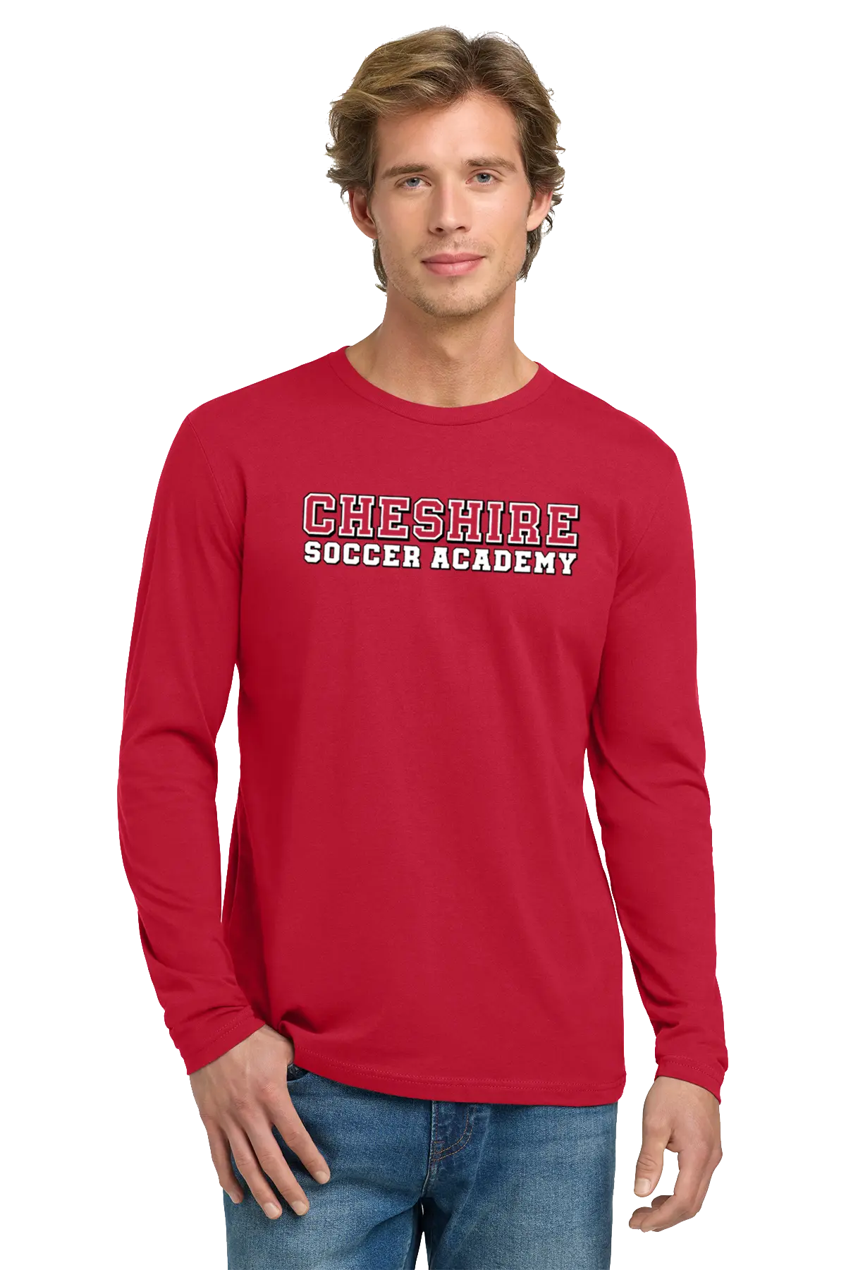 Man wearing a red long-sleeve shirt with 'Cheshire Soccer Academy' text on a white background Paper Street Print Co, Blairstown, NJ.