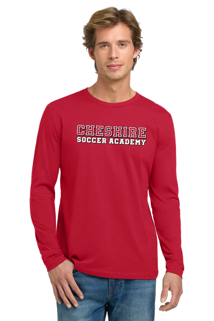 Man wearing a red long-sleeve shirt with 'Cheshire Soccer Academy' text on a white background Paper Street Print Co, Blairstown, NJ.