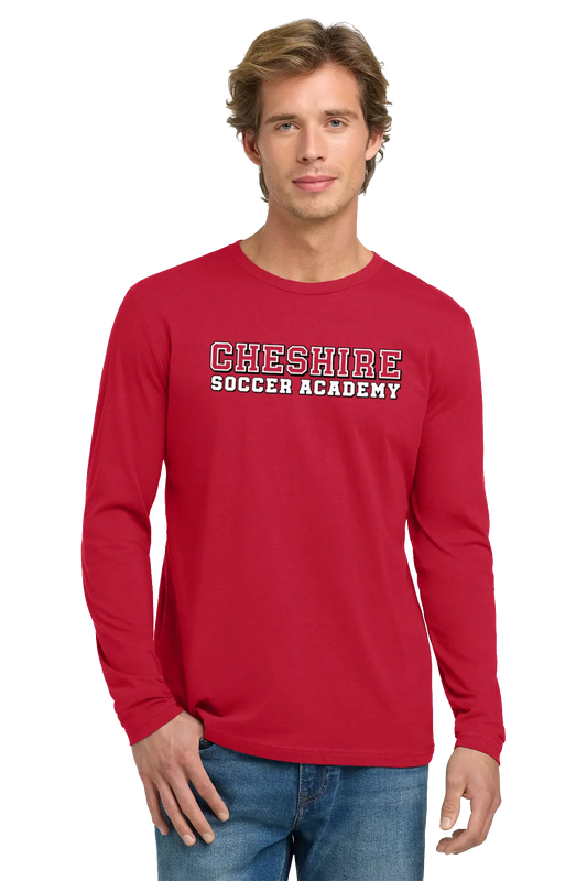 Man wearing a red long-sleeve shirt with 'Cheshire Soccer Academy' text on a white background Paper Street Print Co, Blairstown, NJ.