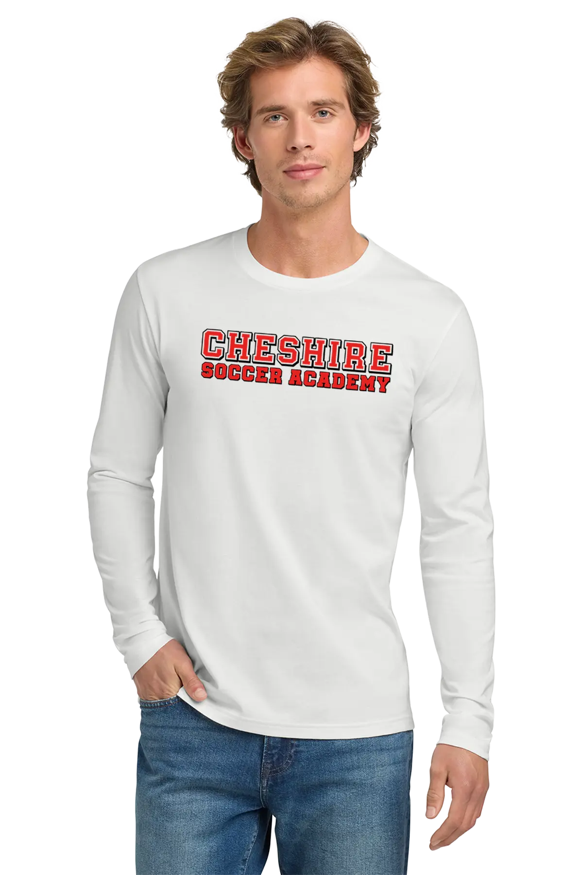 Man wearing a white long-sleeve shirt with 'Cheshire Soccer Academy' text on a white background Paper Street Print Co, Blairstown, NJ.