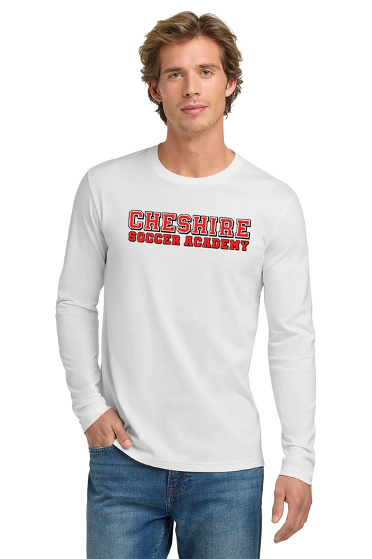 Man wearing a white long-sleeve shirt with 'Cheshire Soccer Academy' text on a white background Paper Street Print Co, Blairstown, NJ.