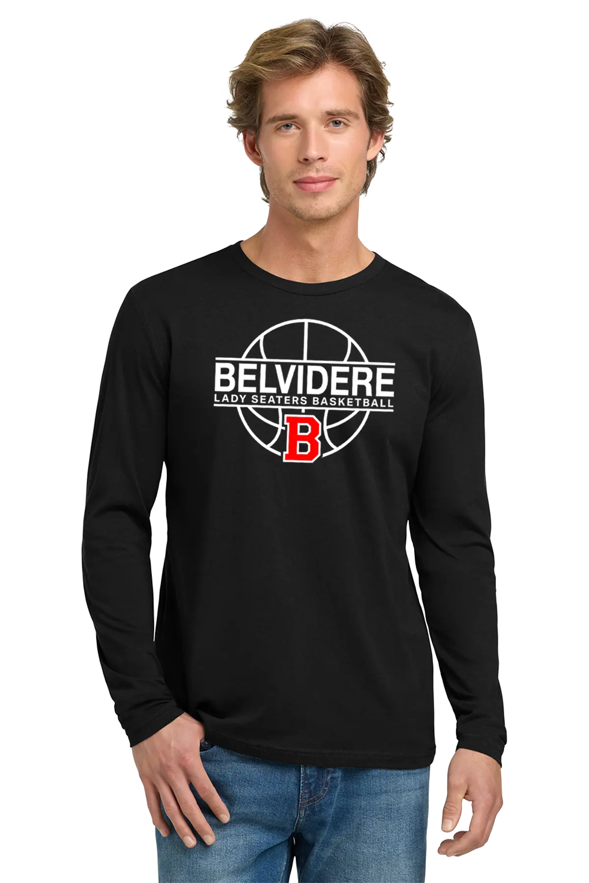 A man wearing a black long-sleeve t-shirt with a white and red Belvidere Lady Seaters Basketball graphic on the chest, paired with blue jeans, against a plain white background. Paper Street Print Co, Blairstown, NJ.