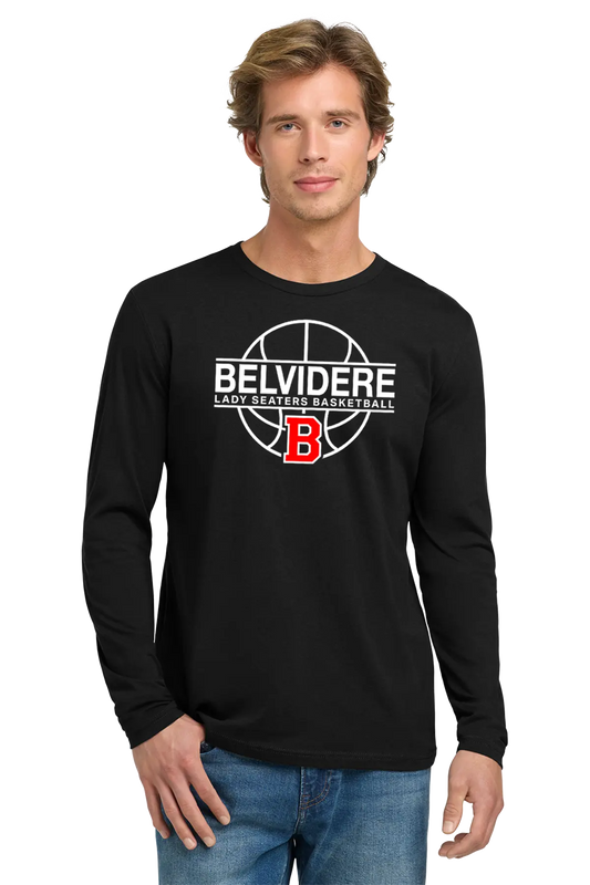 A man wearing a black long-sleeve t-shirt with a white and red Belvidere Lady Seaters Basketball graphic on the chest, paired with blue jeans, against a plain white background. Paper Street Print Co, Blairstown, NJ.