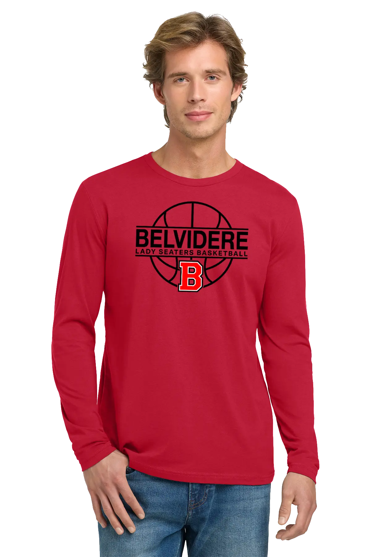 A man wearing a red long-sleeve t-shirt with a black and red Belvidere Lady Seaters Basketball graphic on the chest, paired with blue jeans, against a plain white background. Paper Street Print Co, Blairstown, NJ.