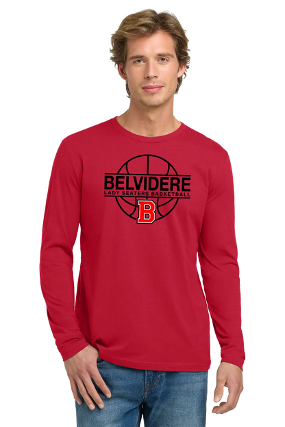 A man wearing a red long-sleeve t-shirt with a black and red Belvidere Lady Seaters Basketball graphic on the chest, paired with blue jeans, against a plain white background. Paper Street Print Co, Blairstown, NJ.