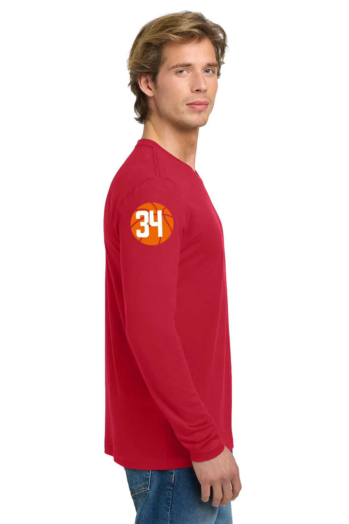 Man wearing a red long-sleeve shirt with an orange logo on a white background. Belvidere Lady Seaters Basketball, Paper Street Print Co, Blairstown, NJ.