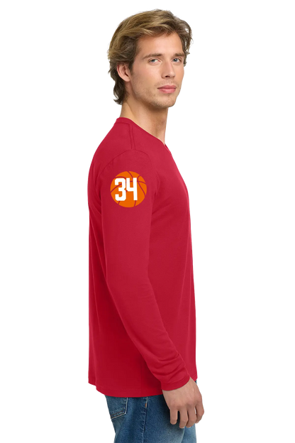 Man wearing a red long-sleeve shirt with an orange logo on a white background. Belvidere Lady Seaters Basketball, Paper Street Print Co, Blairstown, NJ.