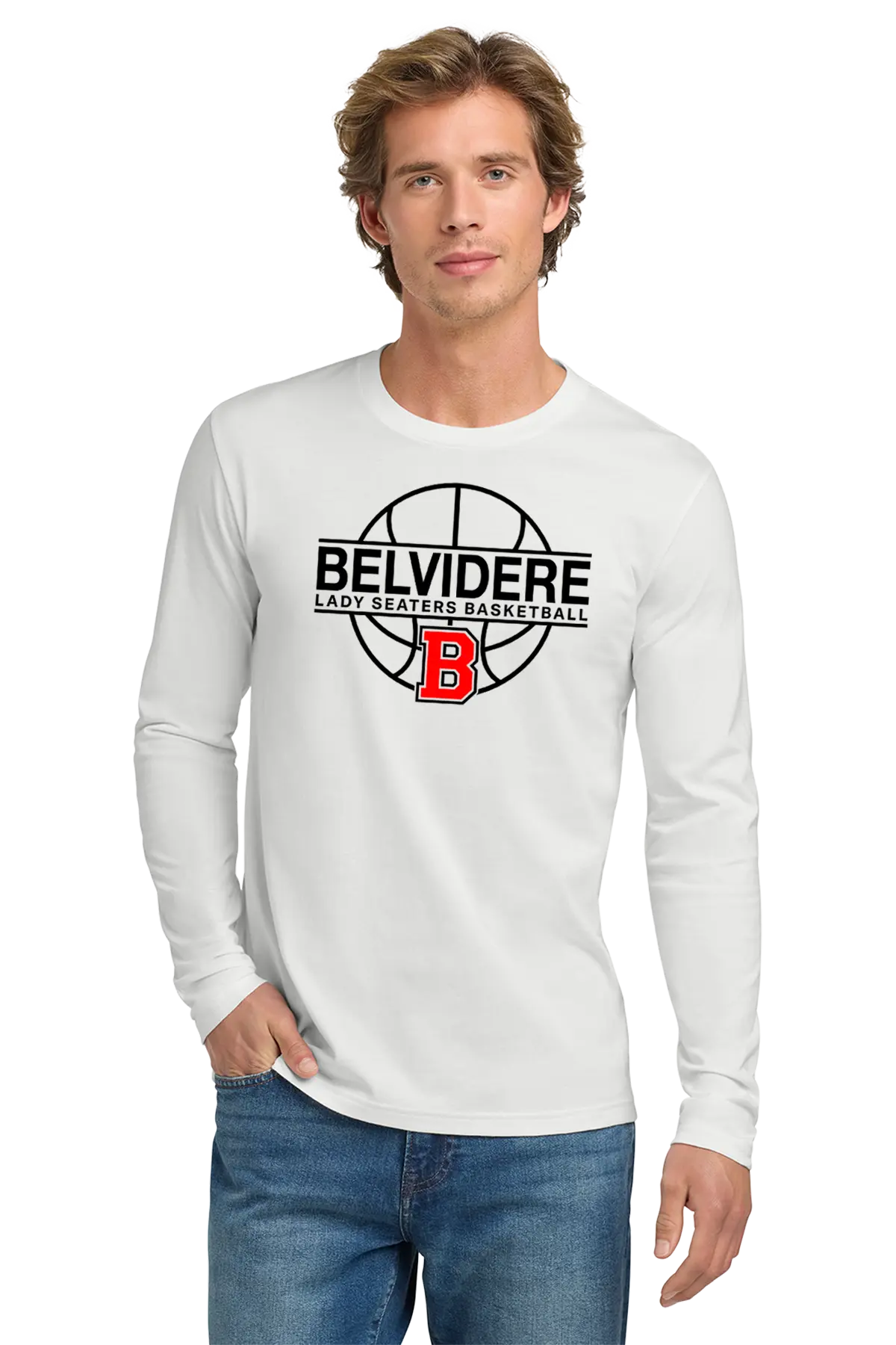 A man wearing a white long-sleeve t-shirt with a 'Belvidere Lady Seaters Basketball' graphic on the chest, paired with blue jeans, against a plain white background. Paper Street Print Co, Blairstown, NJ.
