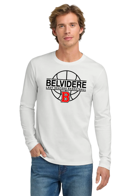 A man wearing a white long-sleeve t-shirt with a 'Belvidere Lady Seaters Basketball' graphic on the chest, paired with blue jeans, against a plain white background. Paper Street Print Co, Blairstown, NJ.