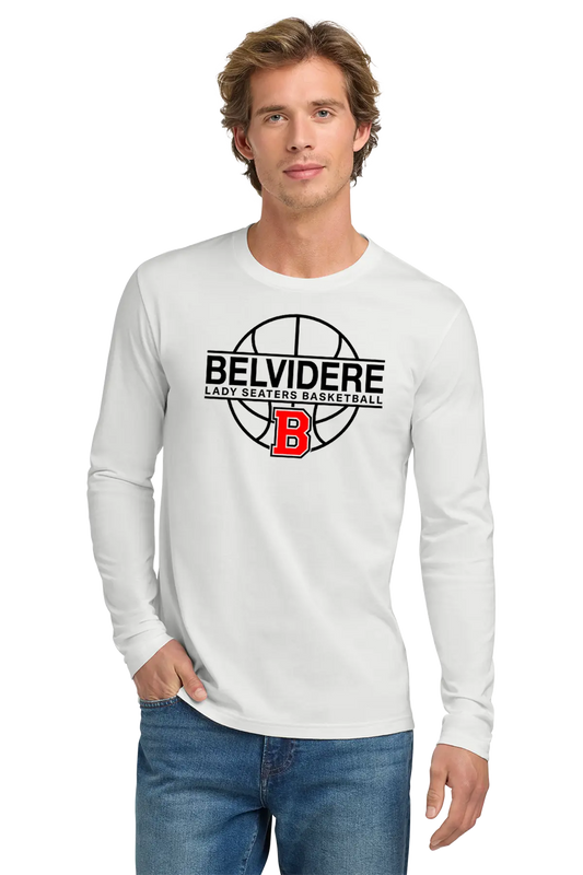 A man wearing a white long-sleeve t-shirt with a 'Belvidere Lady Seaters Basketball' graphic on the chest, paired with blue jeans, against a plain white background. Paper Street Print Co, Blairstown, NJ.