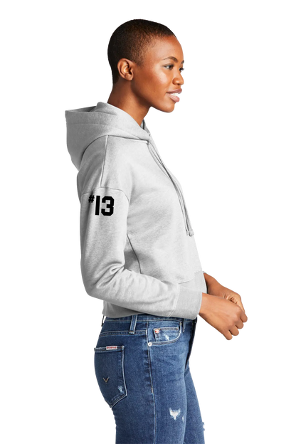 Person wearing a gray hoodie with '13' printed on it, standing against a white background. Paper Street Print Co, Blairstown, NJ.