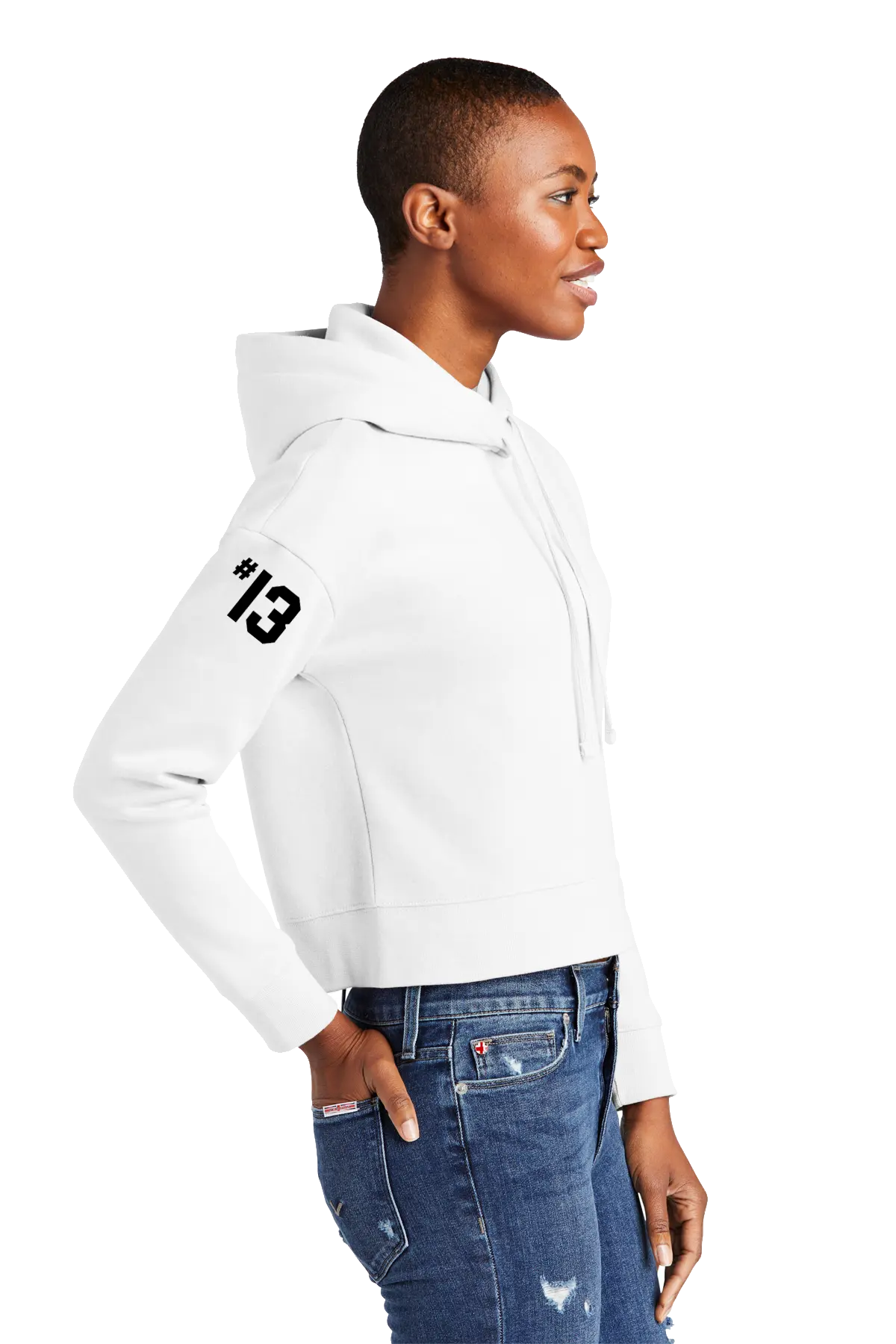 Person wearing a white hoodie with a number 13 design on a white background. Paper Street Print Co, Blairstown, NJ.