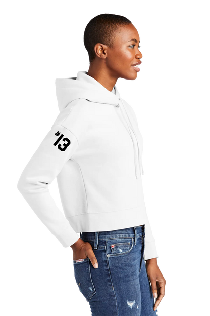 Person wearing a white hoodie with a number 13 design on a white background. Paper Street Print Co, Blairstown, NJ.