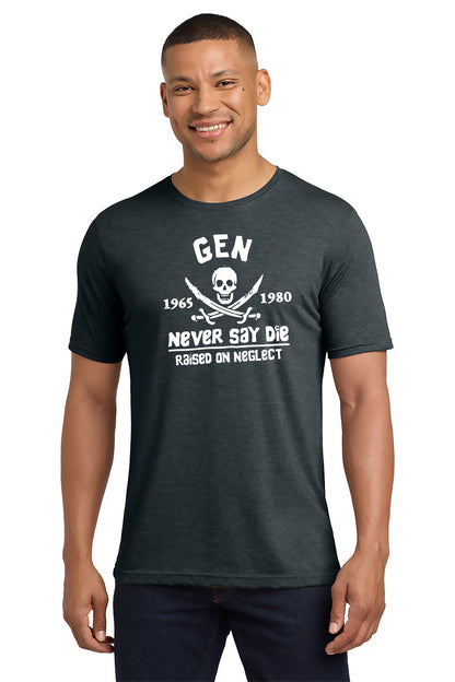 Man wearing a dark gray t-shirt with a graphic design and text on a white background - Paper Street Print Co, Blairstown, NJ.