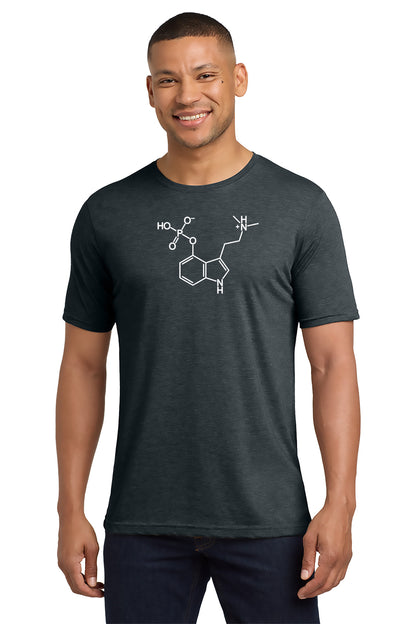 Man wearing a dark gray t-shirt with a molecule design on a white background - Paper Street Print Co, Blairstown, NJ.