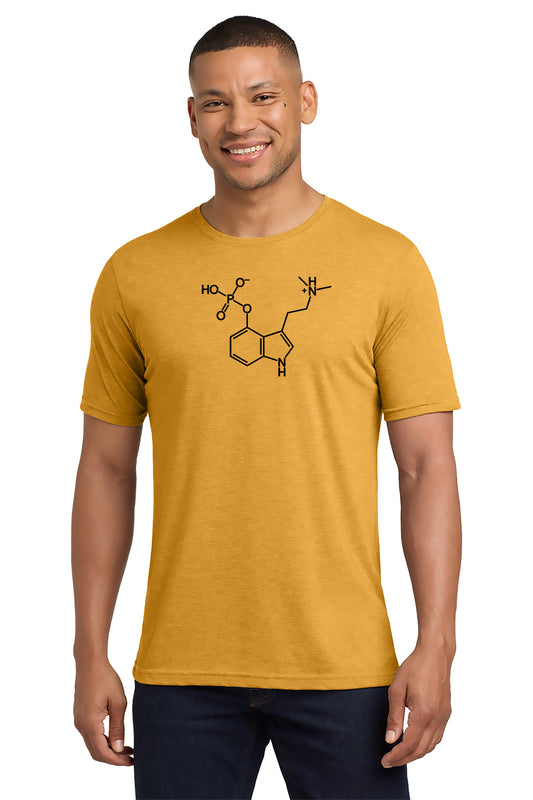 Man wearing a mustard yellow t-shirt with a molecule diagram design on a white background - Paper Street Print Co, Blairstown, NJ.