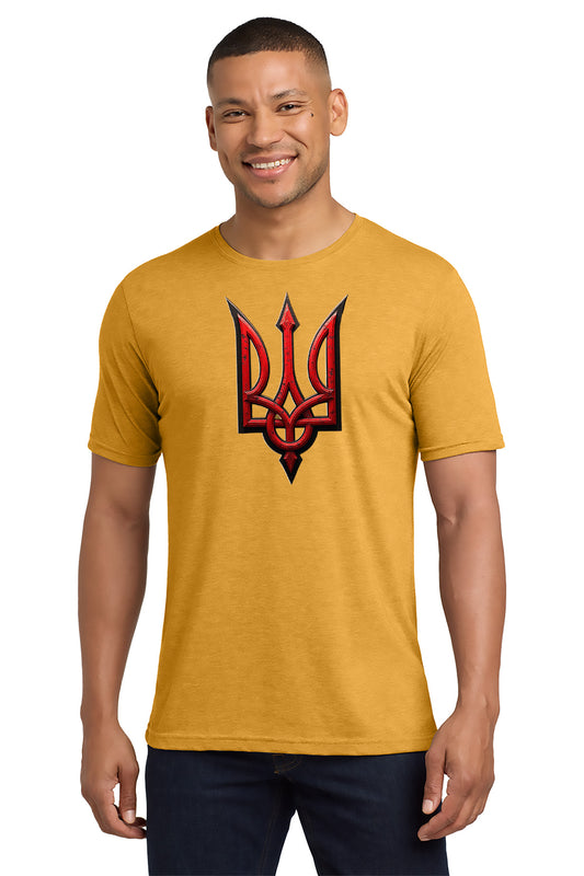 Man wearing a mustard yellow t-shirt with a red and black emblem on a white background- Paper Street Print Co, Blairstown, NJ