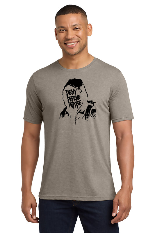 Man wearing a gray t-shirt with a graphic design on a white background - Paper Street Print Co, Blairstown, NJ.