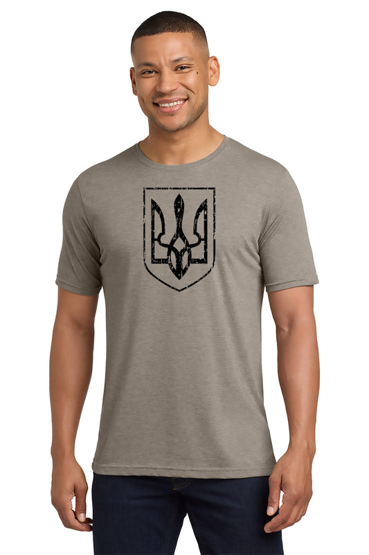 Man wearing a gray t-shirt with a black emblem on a white background- Paper Street Print Co, Blairstown, NJ