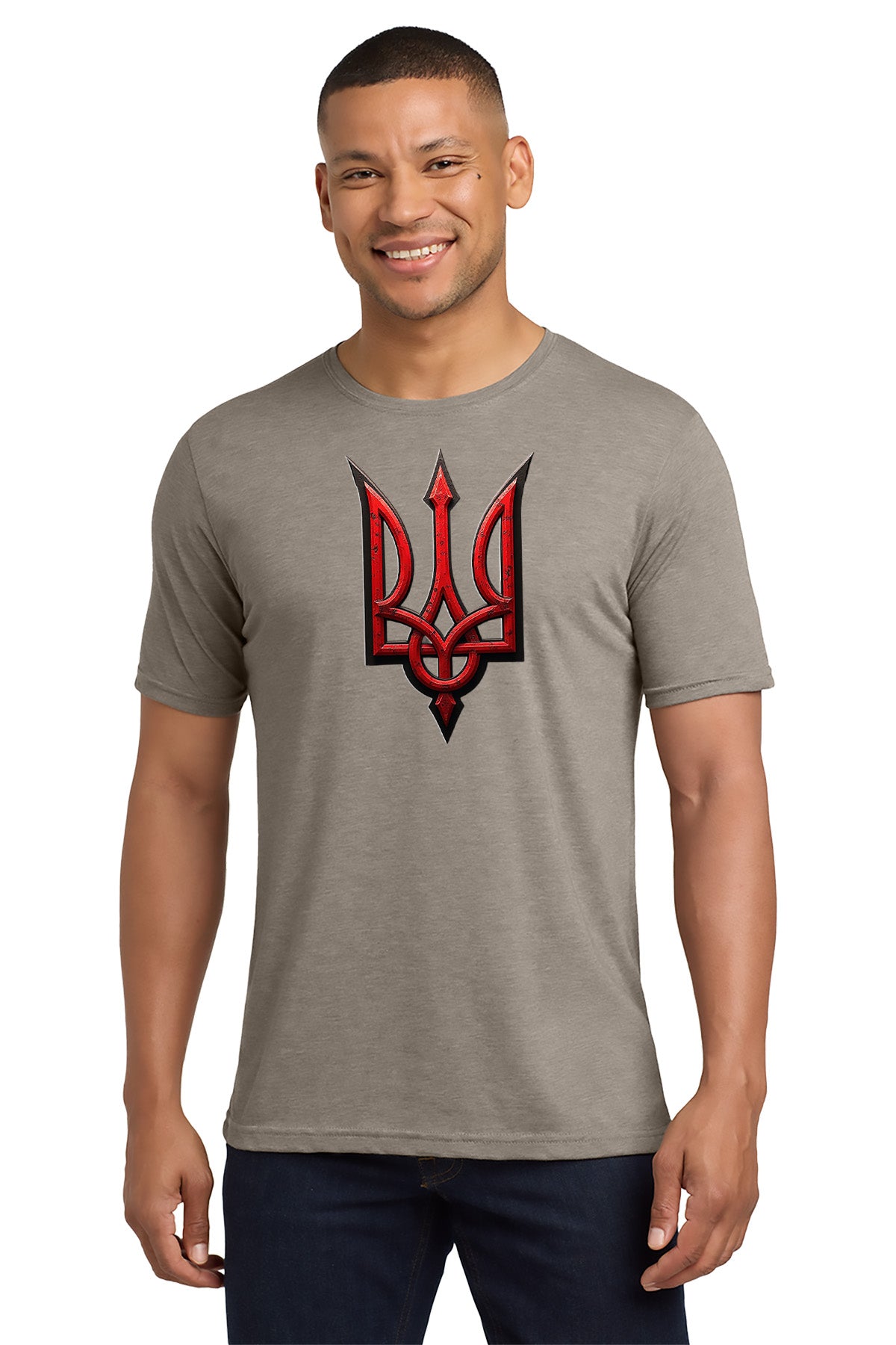 Man wearing a gray t-shirt with a red and black logo on a white background- Paper Street Print Co, Blairstown, NJ