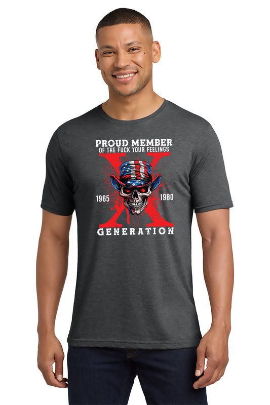 Man wearing a dark gray t-shirt with graphic design and text on a white background - Paper Street Print Co, Blairstown, NJ.