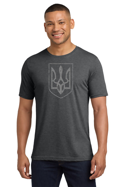Man wearing a dark gray t-shirt with a logo on a white background- Paper Street Print Co, Blairstown, NJ