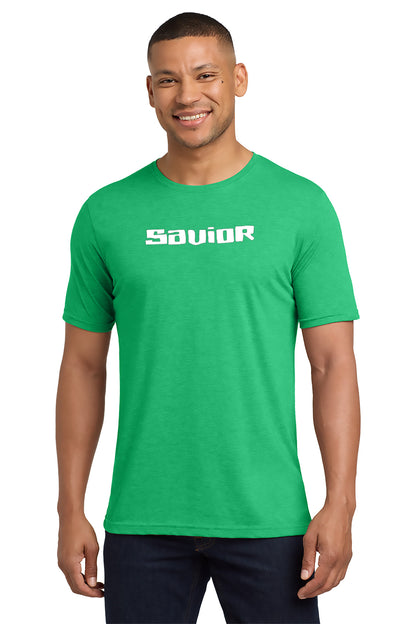 Man wearing a green t-shirt with 'SAVOIR' printed on it against a white background - Paper Street Print Co, Blairstown, NJ