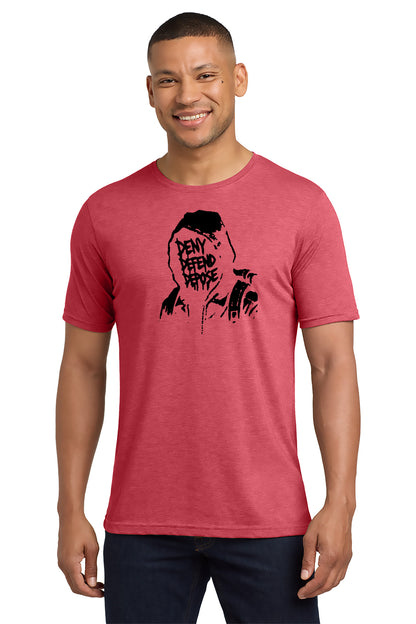 Man wearing a red t-shirt with a graphic design on a white background - Paper Street Print Co, Blairstown, NJ.