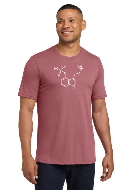 Man wearing a maroon t-shirt with a white molecule diagram on a white background - Paper Street Print Co, Blairstown, NJ.