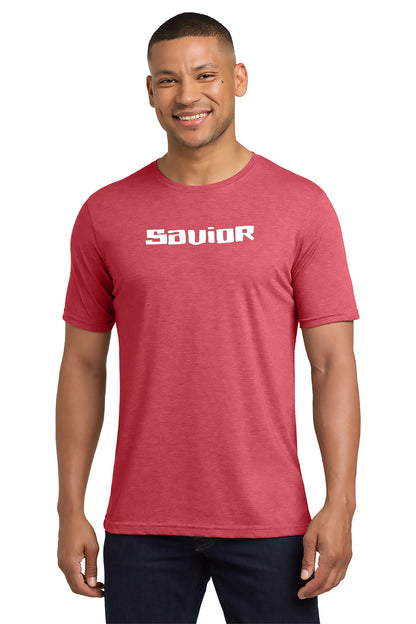 Man wearing a red t-shirt with 'SAVOIR' logo on a white background - Paper Street Print Co, Blairstown, NJ