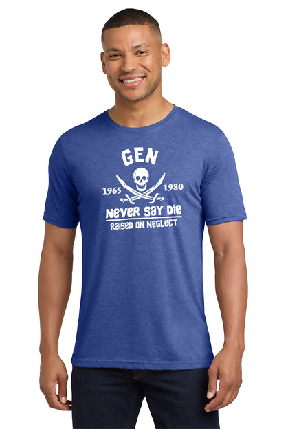 Man wearing a blue t-shirt with white text and graphics on a white background - Paper Street Print Co, Blairstown, NJ.