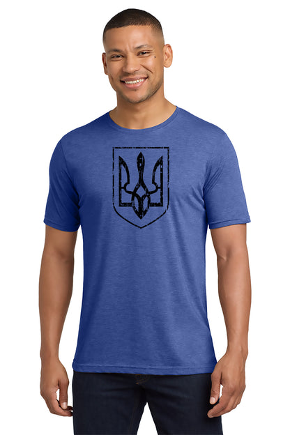 Man wearing a blue t-shirt with a black emblem on a white background- Paper Street Print Co, Blairstown, NJ