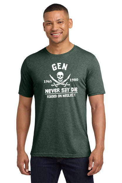 Man wearing a green t-shirt with white text and graphics on a white background - Paper Street Print Co, Blairstown, NJ.