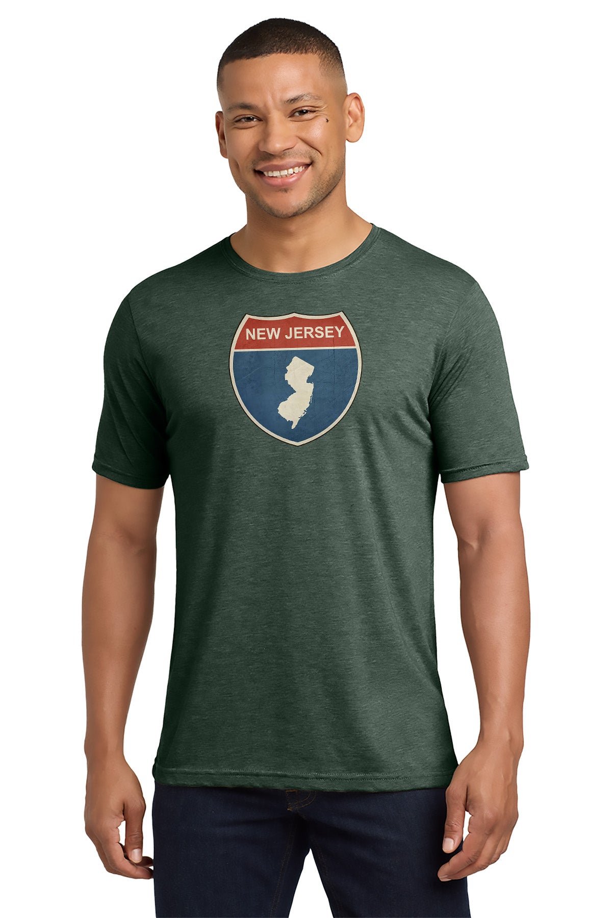 Man wearing a green t-shirt with New Jersey graphic design on a white background - Paper Street Print Co, Blairstown, NJ