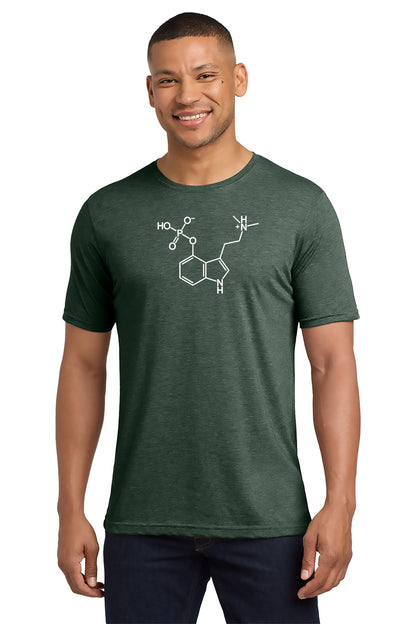 Man wearing a green t-shirt with a chemical structure diagram on a white background - Paper Street Print Co, Blairstown, NJ.
