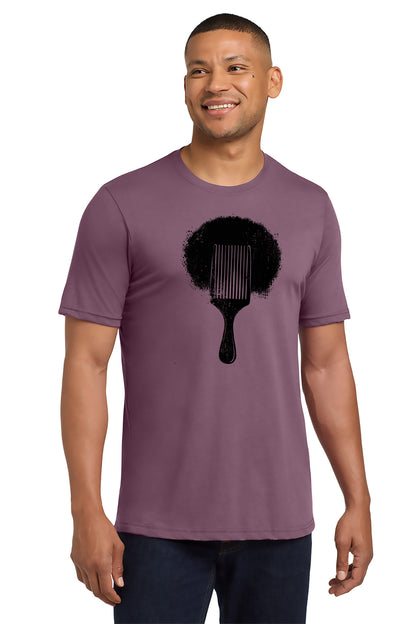 Man wearing a purple t-shirt with a black hair design on a white background - Paper Street Print Co, Blairstown, NJ