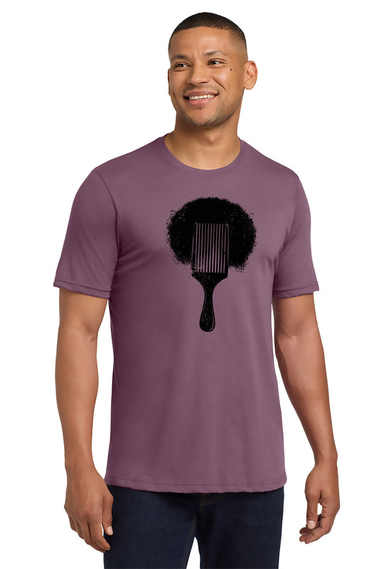 Man wearing a purple t-shirt with a black hair design on a white background - Paper Street Print Co, Blairstown, NJ