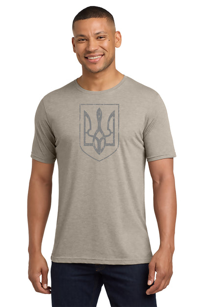 Man wearing a gray t-shirt with a logo on a white background- Paper Street Print Co, Blairstown, NJ