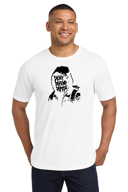 Man wearing a white t-shirt with a graphic design on a white background - Paper Street Print Co, Blairstown, NJ.