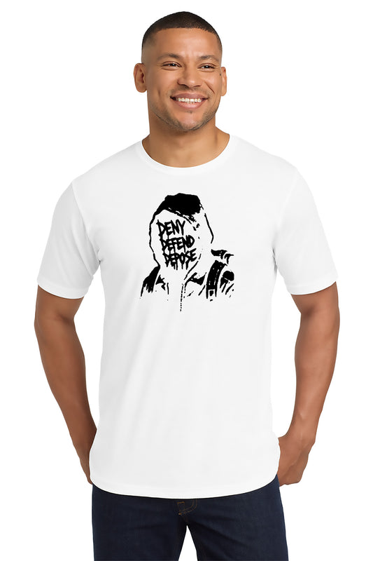 Man wearing a white t-shirt with a graphic design on a white background - Paper Street Print Co, Blairstown, NJ.